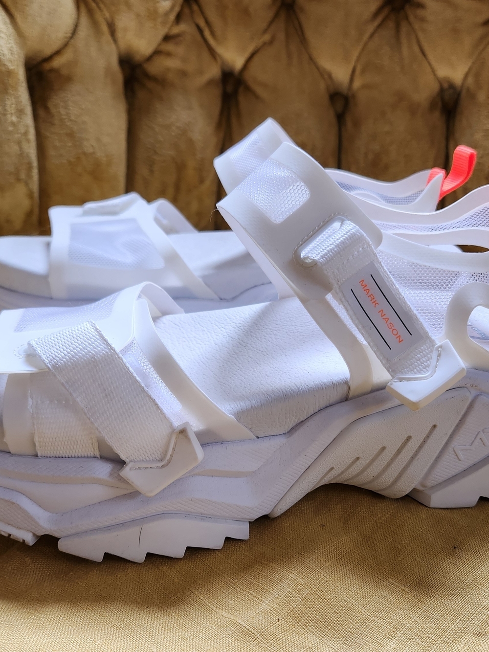 Mark Nason White Sandal with Coral Pull Tab